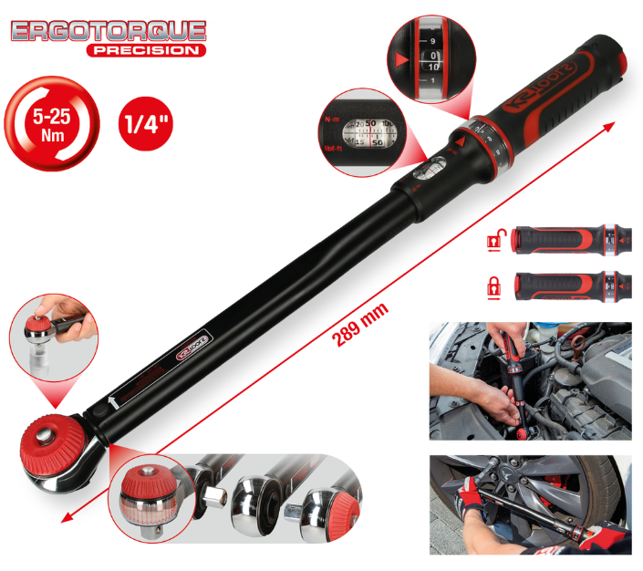 Cheie dinamometrică cu clichet ERGOTORQUE®precision de 1/4" cu mâner rotativ, 5-25 Nm