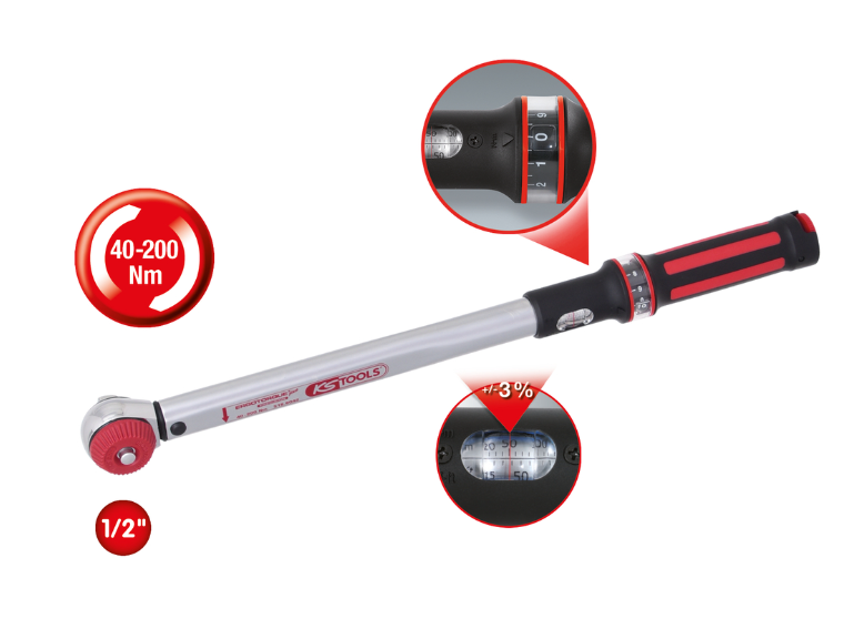 Cheie dinamometrică ERGOTORQUE®precision 1/2" 40-200 Nm cu clichet cu eliberare rapidă și mâner rotativ