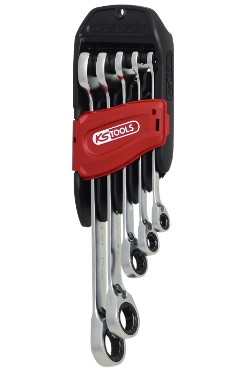 Set de 5 chei combinate GEARplus® RINGSTOP cu clichet, cu cap cotit