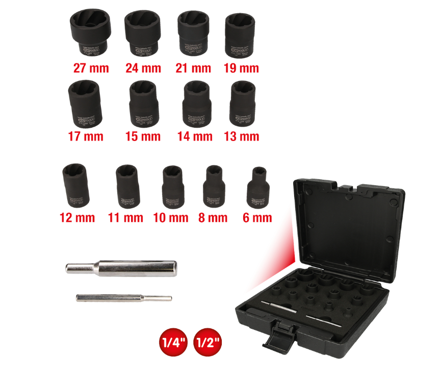 Set de chei tubulare spiralate 1/4"+1/2", 15 buc.