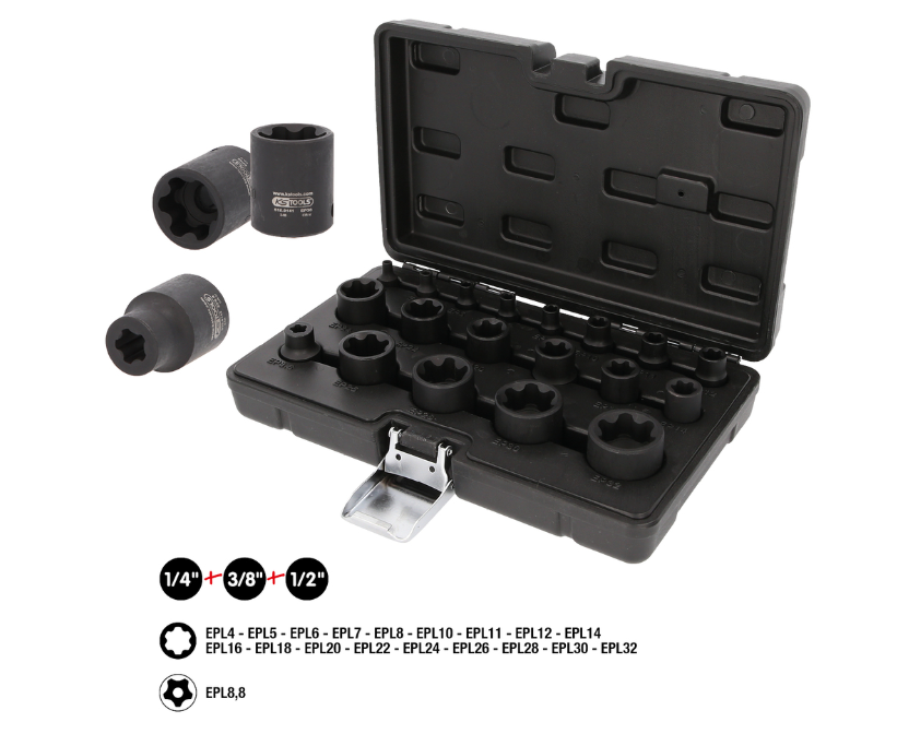 Набор ударных торцевых головок Torx 1/4" + 3/8" + 1/2", 19 предметов.